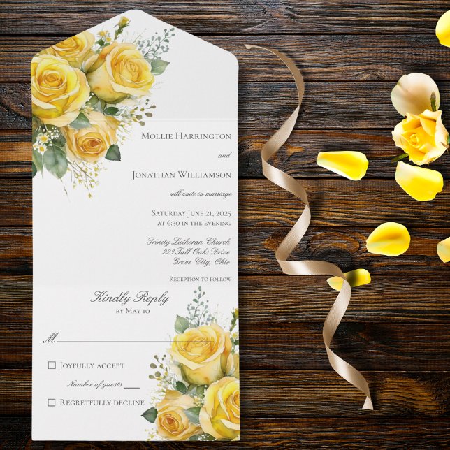 Rosas Amarelas Todas em Um Convite de casamento (Also available with QR code. )