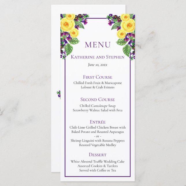 Rosas Amarelas | Violets Boho Floral Wedch Menu (Frente/Verso)