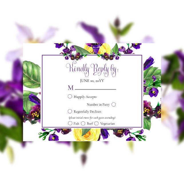 Rosas Amarelas |Violets Boho Floral Wedding RSVP (Yellow Roses and Purple Violets Boho Floral Wedding RSVP)