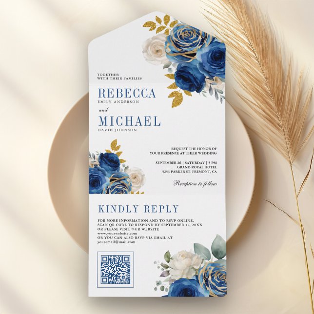 Rosas Azul Royal Código QR Floral Casamento (Criador carregado)