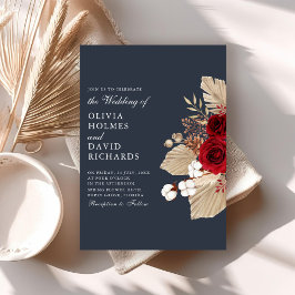 Rosas Borgonha em Convite de Casamento Azul Meia-N