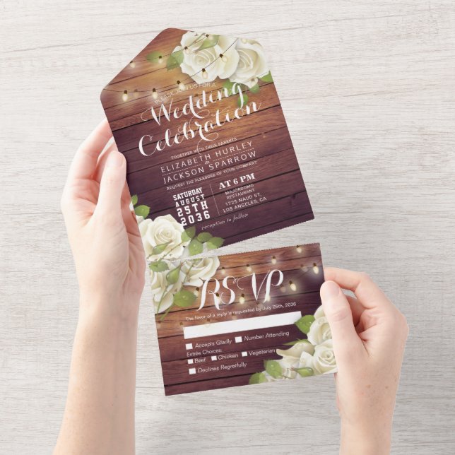 Rosas brancas Cordas Luzes Rústicas Casamento de M (Aba destacável)