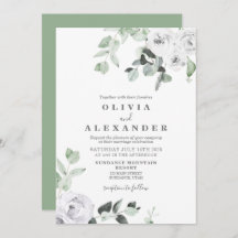 Rosas Brancas e Casamento Floral Verde Convite