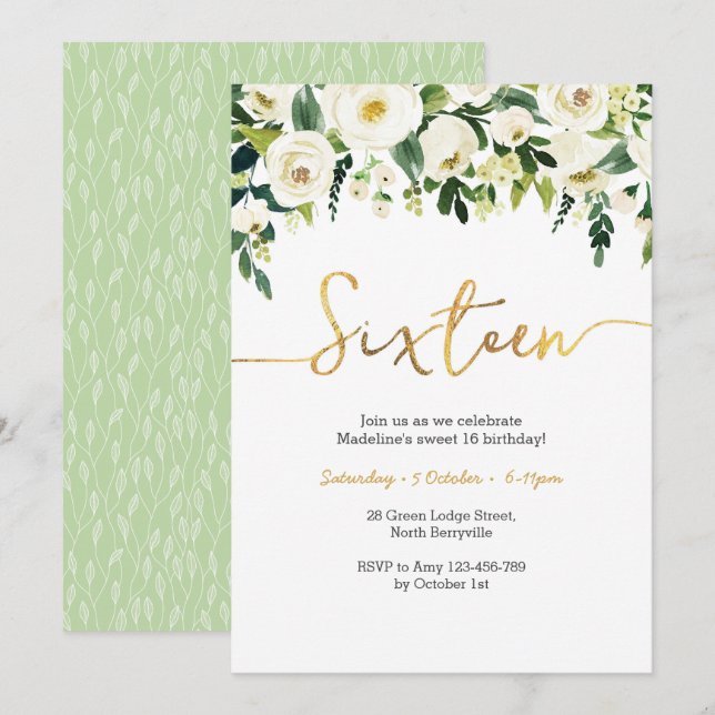 Rosas Brancas Elegantes 16º Convite de Aniversário (Frente/Verso)