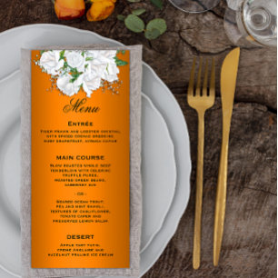 Rosas Brancas Elegantes no Menu Casamento Laranja