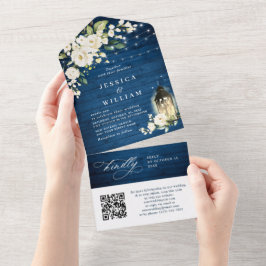 Rosas brancas Lanterna de Madeira Azul Código QR d