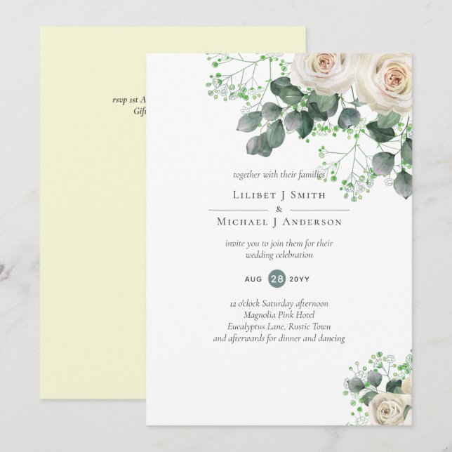 Rosas brancas Sage Eucalyptus Lemon Amarelo WEDDIN (Frente/Verso)