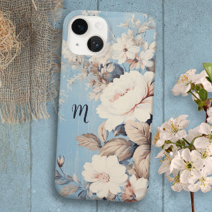 Rosas brancas sobre fundo azul russo com monograma