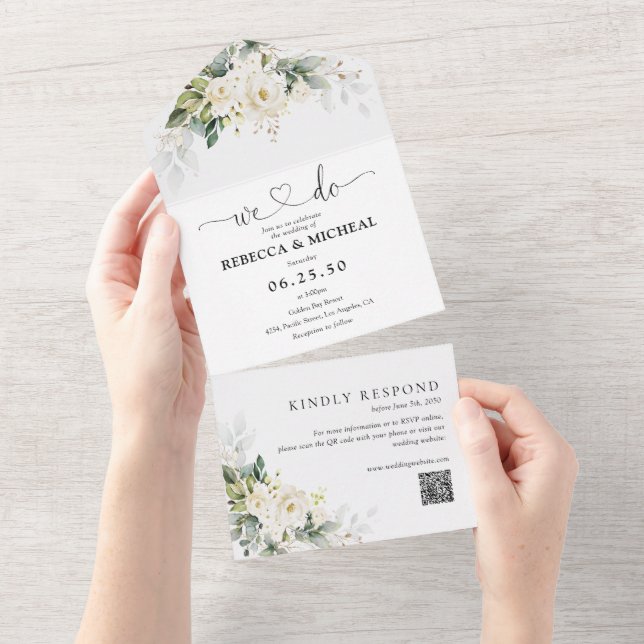 Rosas brancas - Tudo em um Convite de casamento (Aba destacável)