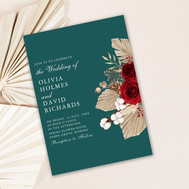 Rosas Burgundy em Convite de Casamento Azul Turque (Modern Teal and Burgundy Roses Wedding Invitation on light background)