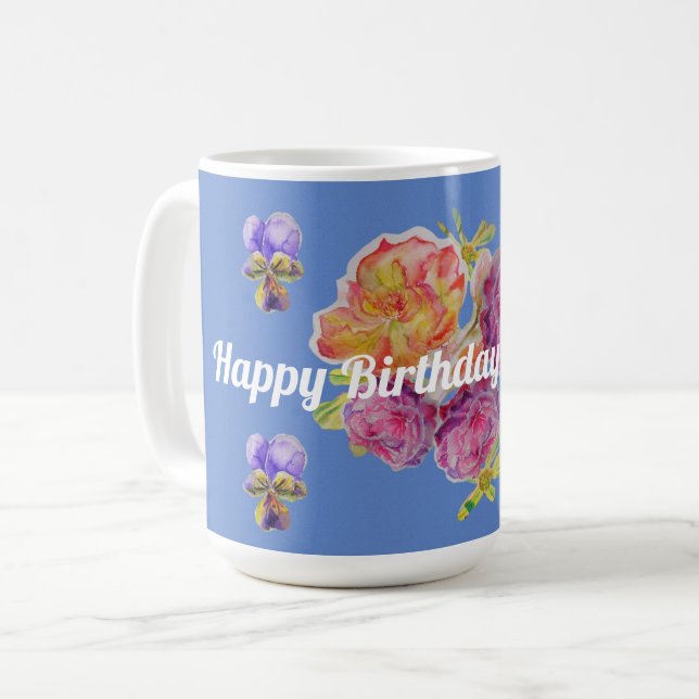 Rosas chique azuis Rosa e violetas caneca floral (Frente Esquerda)