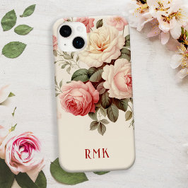 Rosas cor-de-rosa e pincel elegantes com monograma