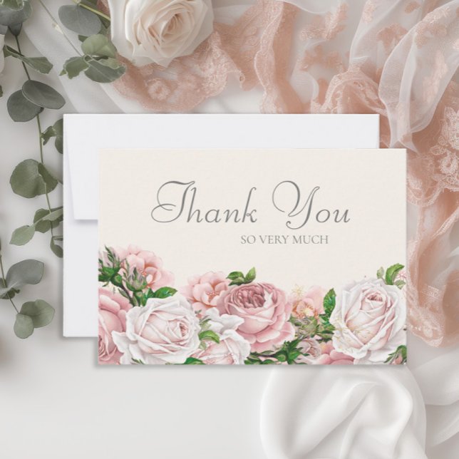 Rosas Cor-de-Rosa Elegantes em Creme Agradecimento (Elegant pink vintage roses wedding Thank You card)