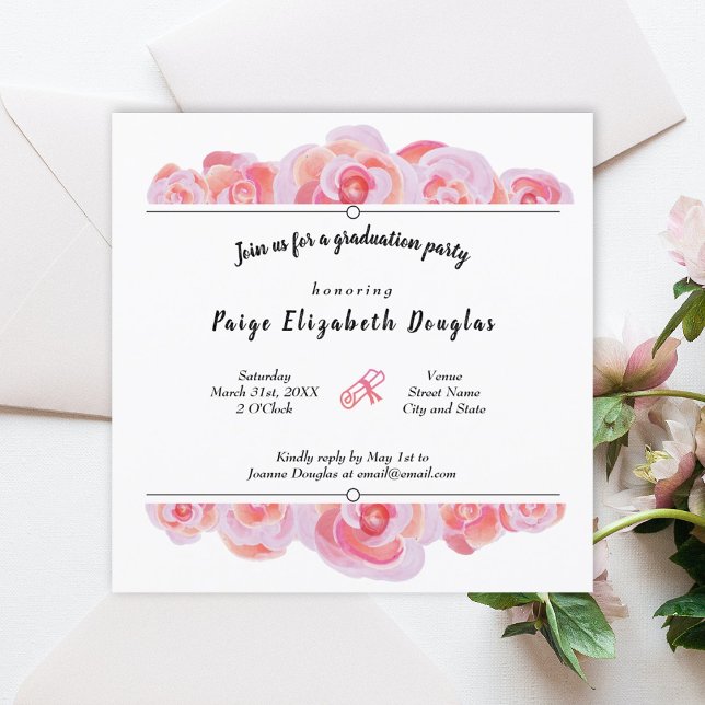 Rosas cor-de-rosa, Festas de formatura, convites (peach black botanical roses graduation party invitation pink diploma pink graduate grad flowers )