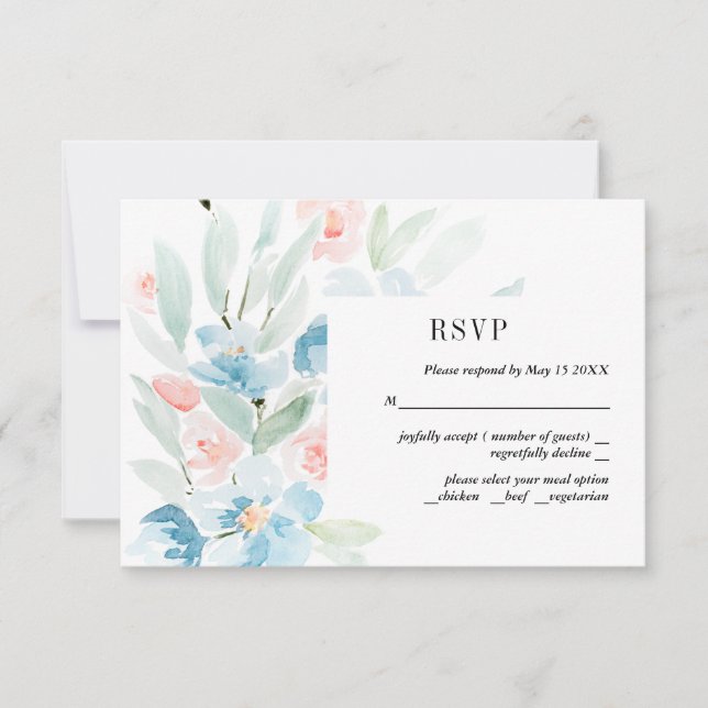 Rosas de aquarela e Cartão RSVP de Casamento Azul (Frente)