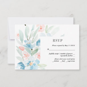 Rosas de aquarela e Cartão RSVP de Casamento Azul