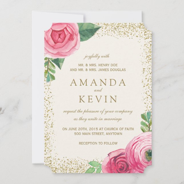 Rosas de Aquarela e Convites para Casamento com Gl (Frente)