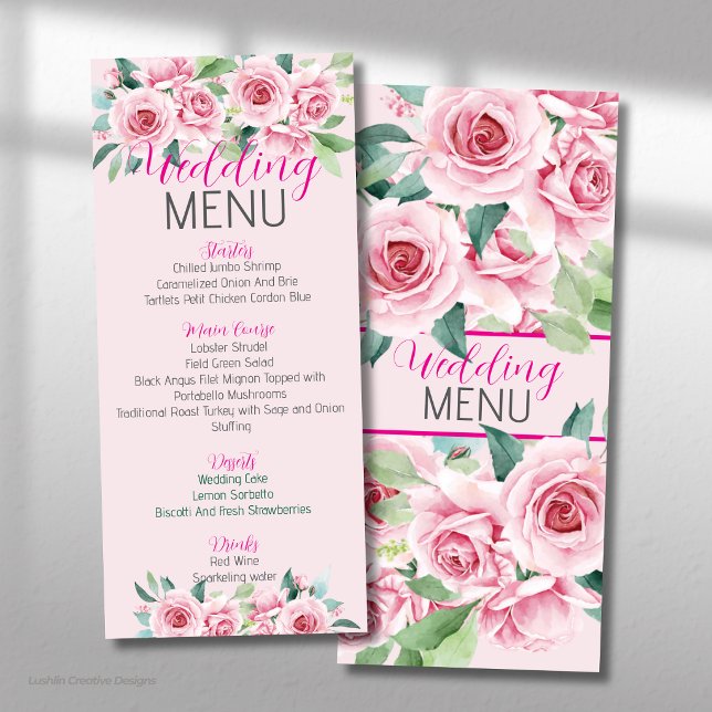 Rosas de Aquarela Rosa Casamento Menu Plano (Criador carregado)