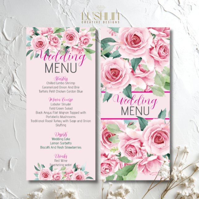 Rosas de Aquarela Rosa Menu Plano de Casamento (Criador carregado)