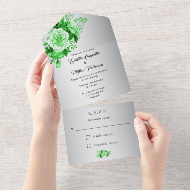 Rosas de Aquarela Verde no Casamento Prateado (Aba destacável)