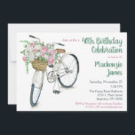 Rosas de Convite de Aniversário Floral Bicicleta<br><div class="desc">Um convite de aniversário fresco e bonito com uma bicicleta branca com um cheio de cesto de rosas rosa e brancas. Perfeito para aniversários de marco como o 18º 20 21rua 30 35º 45º 45º 50º 55º 65º 65º 70 65º 65º 80 185º 90 95º e 100 ... ou qualquer...</div>