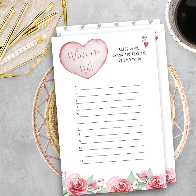 Rosas de coração Onde estamos? Jogo do chá de pane (Where Are We? Bridal Shower Photo Guessing Game Answer Sheet)