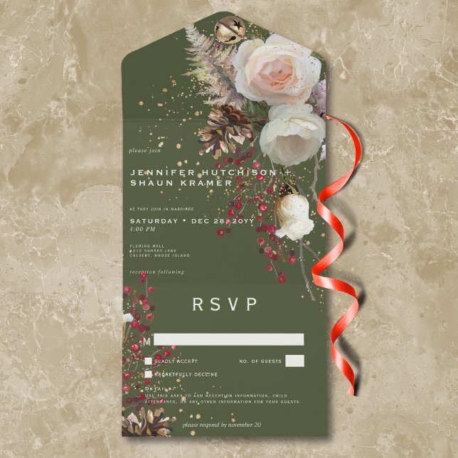 Rosas de inverno modernos e Berries vermelhos Verd (Modern Winter Roses & Red Berries Green No Dinner All In One Invitation)