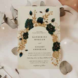 rosas de ouro verde aquarela Convite para Casament