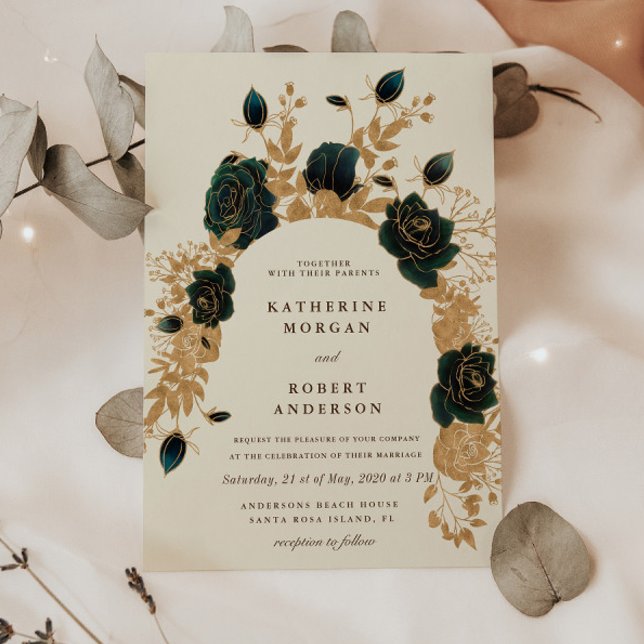rosas de ouro verde aquarela Convite para Casament (Criador carregado)