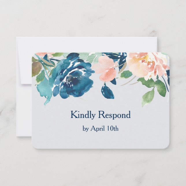 Rosas de Pêssego Azul Indigo RSVP de Casamento (Frente)