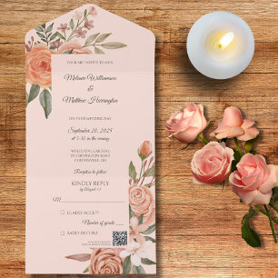 Rosas de pêssego com código QR tudo em um Convite