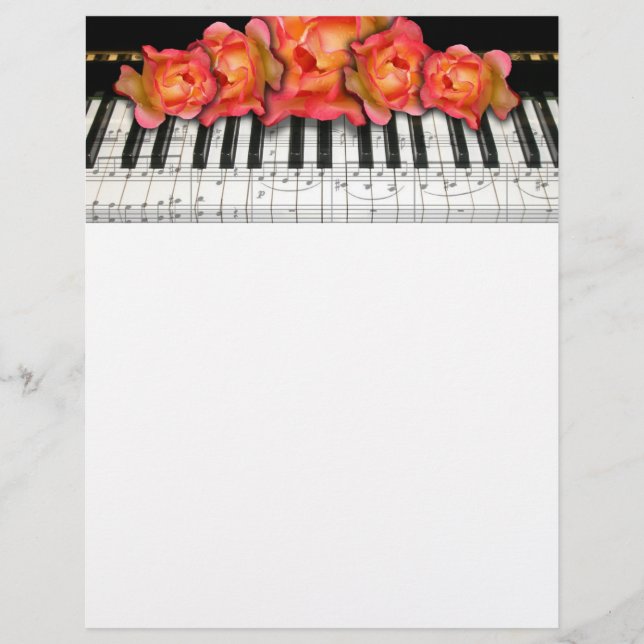 Rosas de teclado para piano e notas de música (Frente)
