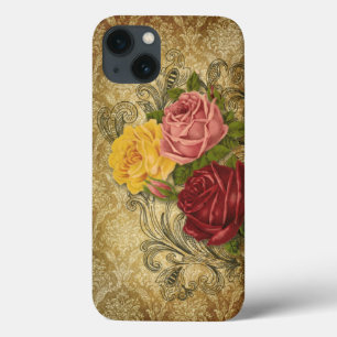 Rosas do vintage no damasco Dourado