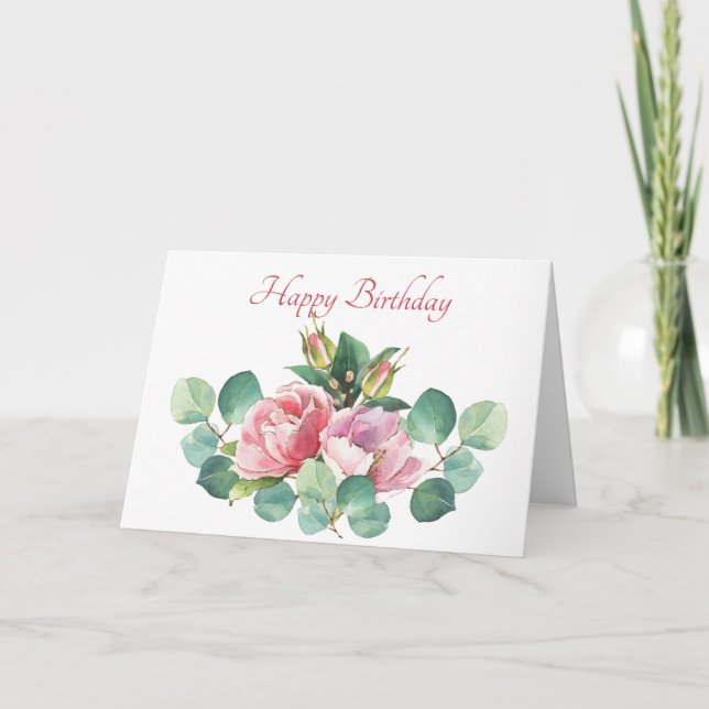 Rosas e Cartão de Aniversário Eucalyptus Watercolo (Frente)