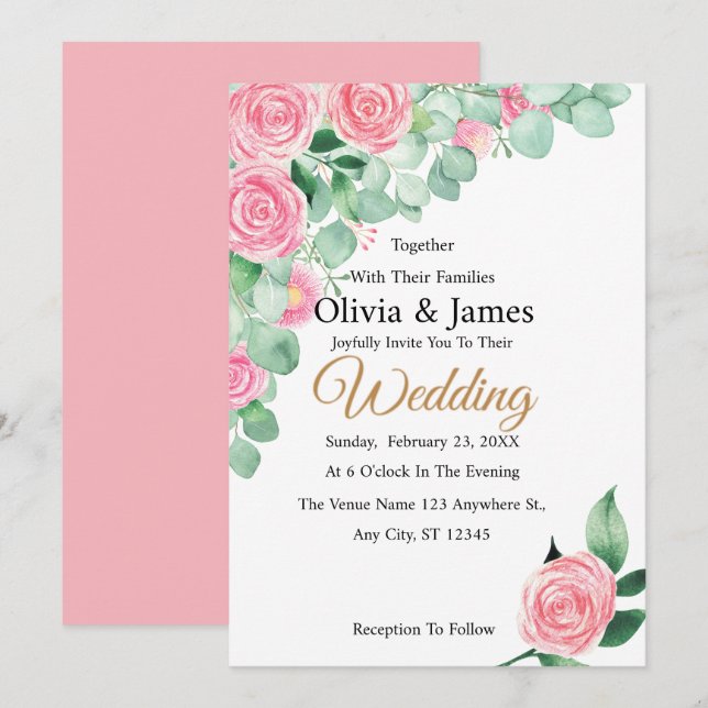Rosas e Convite para Casamento Eucalyptus (Frente/Verso)