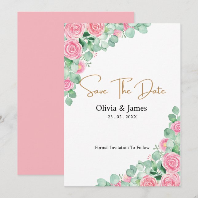Rosas e Eucalyptus Wedding Guardar o cartão de dat (Frente/Verso)