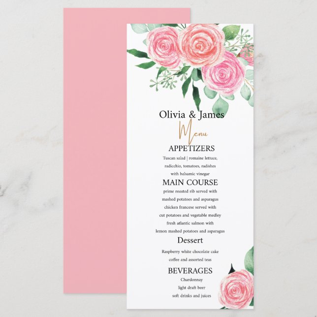 Rosas e Menus de Casamento Eucalyptus (Frente/Verso)