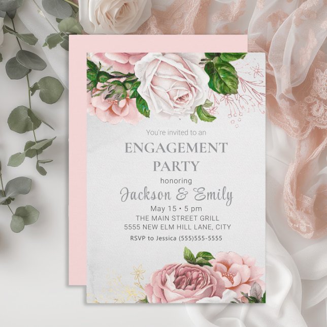 Rosas Elegantes Convite de Noivado Rosa Creme Fest (Elegant blush pink watercolor vintage floral engagement party invitation)