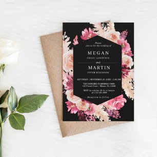 Rosas Elegantes Convite Preto Boho Casado