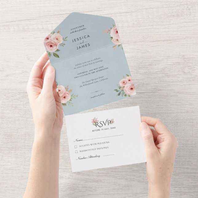 Rosas Elegantes Editáveis Casamento Azul (Aba destacável)