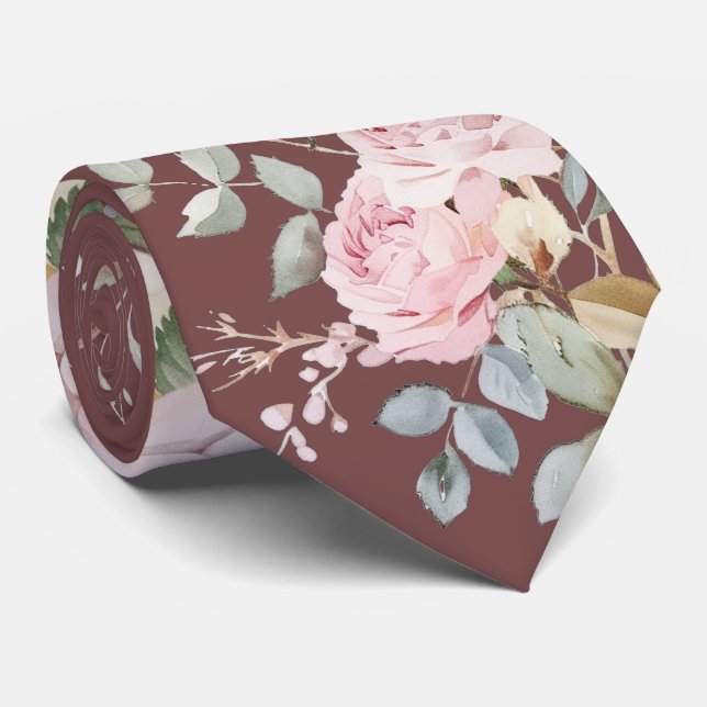 Rosas em aquarela em gravata borgoña (Rolled)