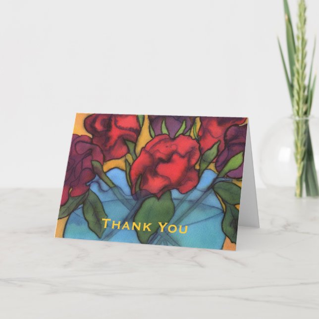 Rosas em um Cartões de agradecimentos Vaso Azul (Frente)