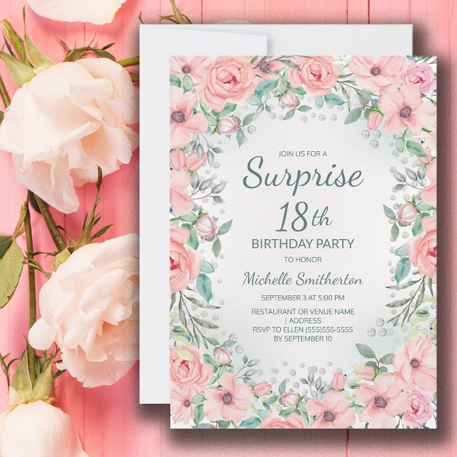 Rosas Florais Cor de Água Rosa Pérolas 18º Anivers (Blush pink floral surprise 18th birthday party invitation personalized with your text.)