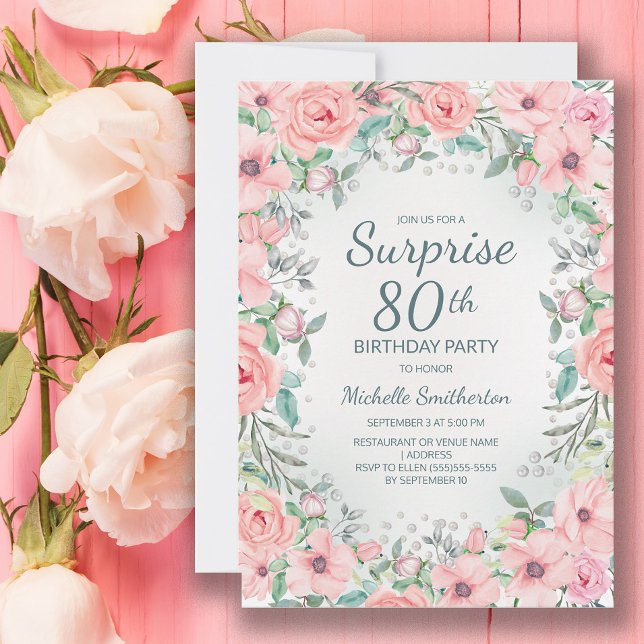 Rosas Florais em Aquarela Rosa e Pérolas Aniversár (Blush pink floral surprise 80th birthday party invitation customized with your text.)