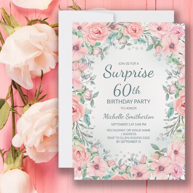 Rosas Florais em Aquarela Rosa e Pérolas Aniversár (Blush pink floral surprise 60th birthday party invitation customized with your text.)