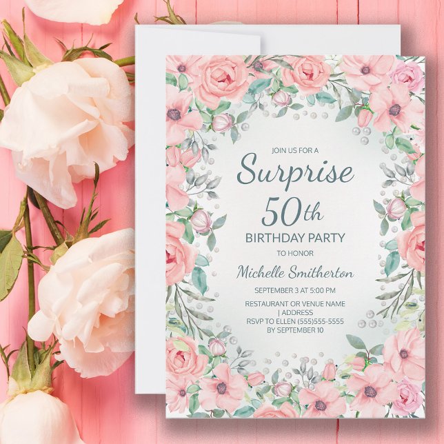 Rosas Florais em Aquarela Rosa e Pérolas Aniversár (Blush pink floral surprise 50th birthday party invitation customized with your text.)