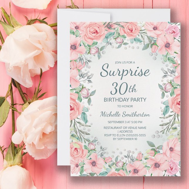 Rosas Florais em Aquarela Rosa e Pérolas Aniversár (Blush pink floral surprise 30th birthday party invitation personalized with your text.)