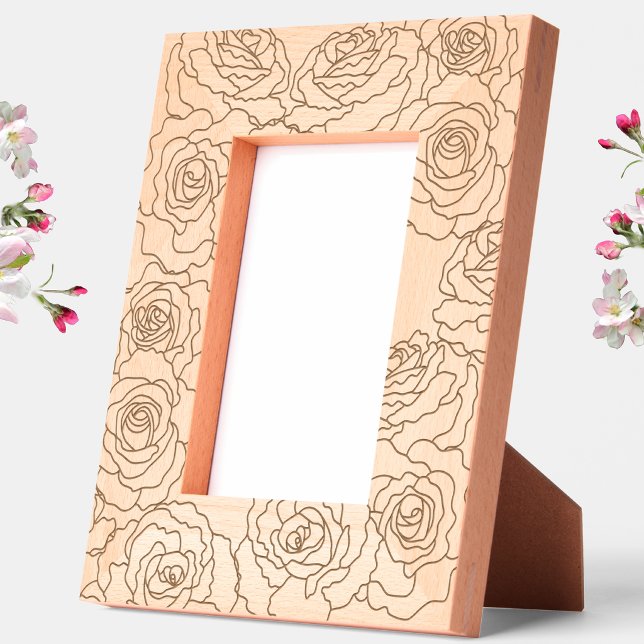 Rosas Floral Botânico (Modern roses botanical line art etched wooden photo frame)