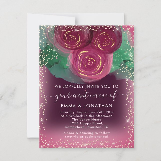 Rosas Floral Código QR Borgonha Dourada Marsala (Frente)