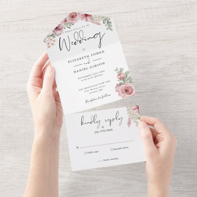 Rosas Floral Elegante Script Casamento (Aba destacável)
